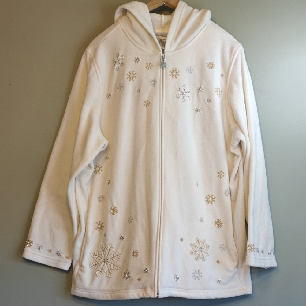 Women's Zip Up Fleece Sweater with Snowflake Embroidery Fashion Bug Plus Size